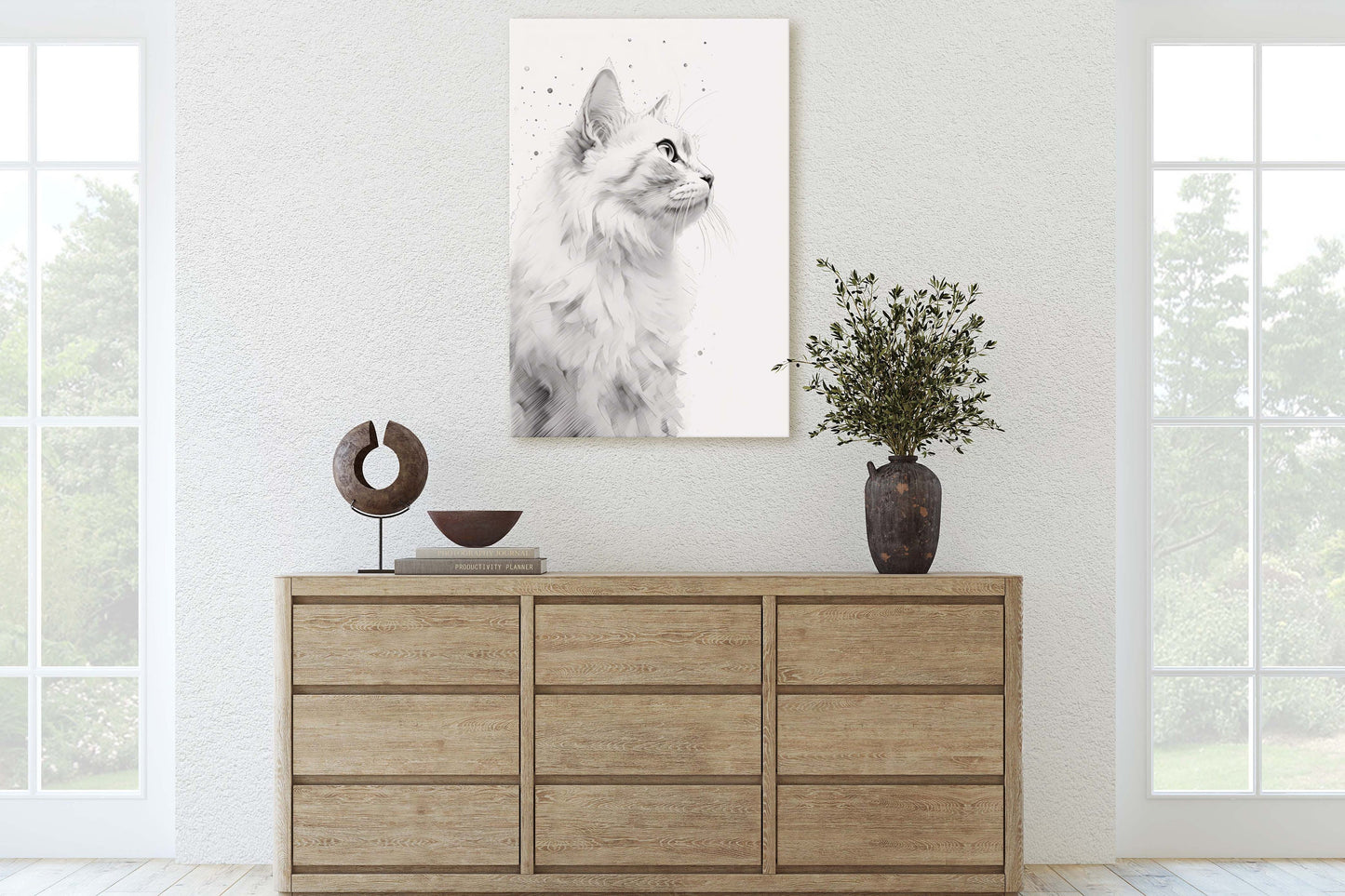 White Cat Portrait, Black and white cat, Feline Profile, Cat lover, Framed Canvas, Cat photography