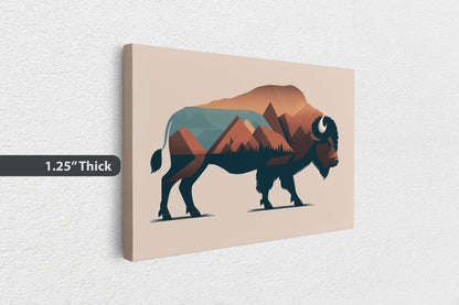 Boho Minimalist Buffalo, American Bison, Canvas Art Ready To Hang Large Print, Painting, Mountains, Neutral