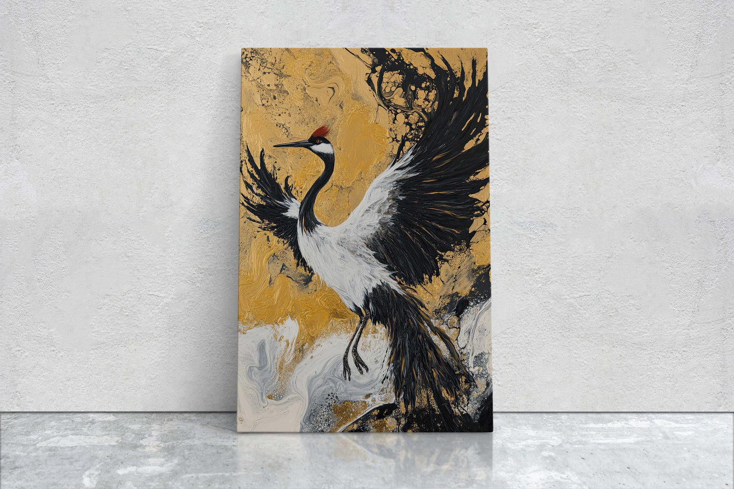 Japanese Crane, Gold Crane, Wabi Sabi, Bird Print, Japandi