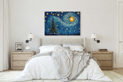 Starry Night Christmas, Christmas Tree, Pine Tree, Winter Decor, Festive Art, X-mas Print, Framed Canvas