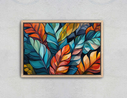 Modern Leaves, Contemporary Colorful, Fall Season, Abstract Symbolist, Framed Canvas, Large Art Print