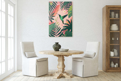 Hummingbird Illustration, Framed Canvas, Tropical Art, Maximalist Jungle, Botanical Print, Bold Eclectic