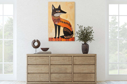 Scandinavian Fox, Folk Art, Celestial Art,  Framed Canvas, Nature Print, Whimsical, Egyptian, Abstract