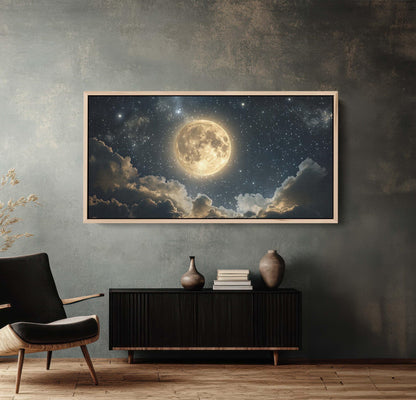 Full Moon Vintage ,Cloudy Moon Sky, Moon Painting, Moon and Stars