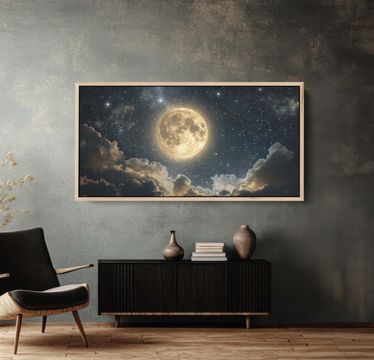 Full Moon Vintage ,Cloudy Moon Sky, Moon Painting, Moon and Stars