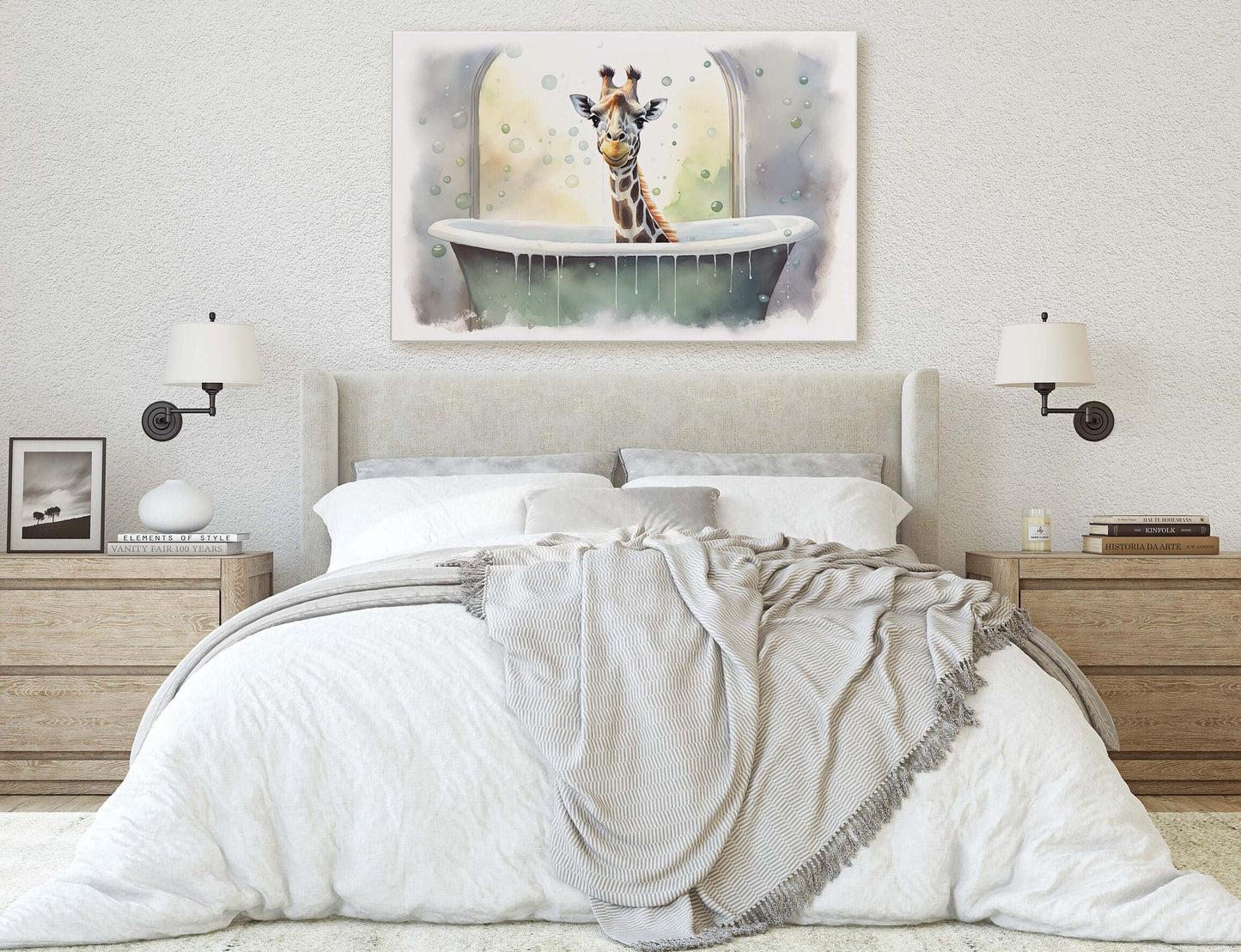 Giraffe Bath, Giraffe in Bathtub, Bathroom Decor, Kids Bath, Powder room, Fun Art, Cute Giraffe Elephant, Bath time Art, Silly Decor