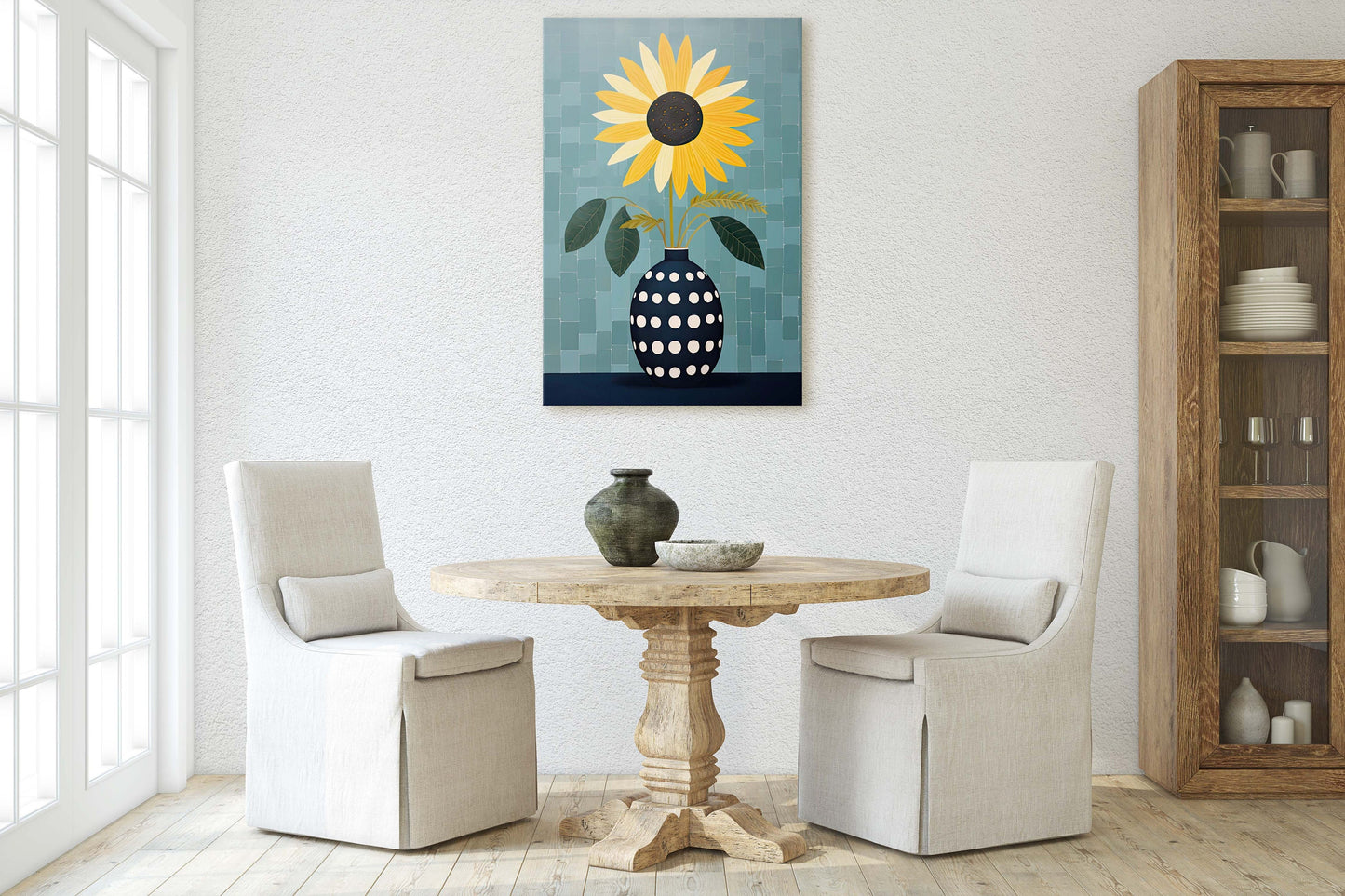 Sunflower Vase, Yellow and Blue, Indigo and Gold, Framed Canvas, Vertical Portrait, Large Art Print, Simple Bold, Contemporary Painting