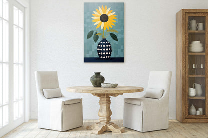 Sunflower Vase, Yellow and Blue, Indigo and Gold, Framed Canvas, Vertical Portrait, Large Art Print, Simple Bold, Contemporary Painting