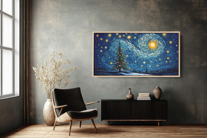 Starry Night Christmas, Christmas Tree, Pine Tree, Winter Decor, Festive Art, X-mas Print, Framed Canvas