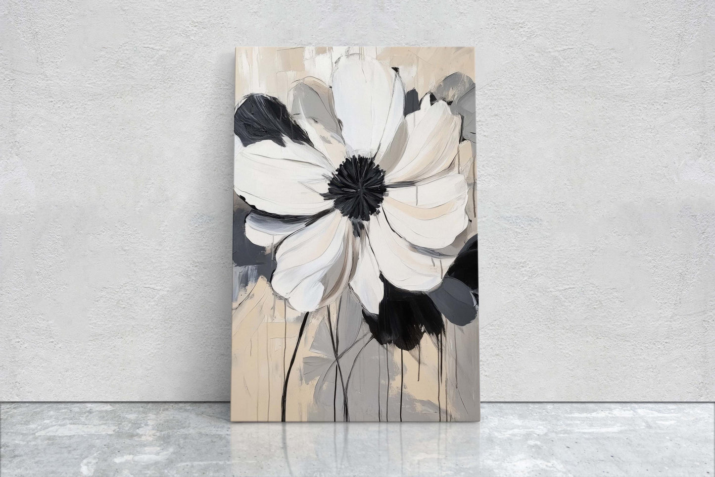 Modern Flower, Contemporary Art, Flower Painting, Black White Beige