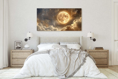 Full Moon Vintage ,Cloudy Moon Sky, Moon Painting, Moon and Stars