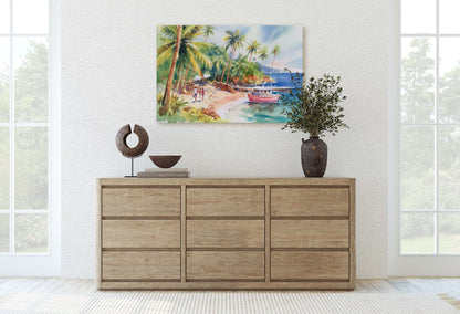 Beachside on Canvas, Ocean Beach, Watercolor, Hawaii Landscape, Tropical Water, Framed Canvas