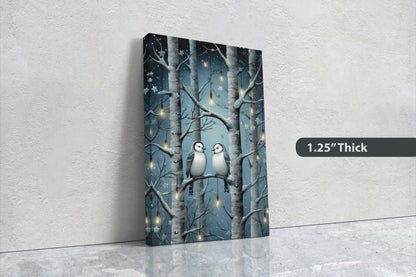 Snow Birds Painting, Winter Bird Tree, Festive Decor, Winter Season, Blue Birds, Tree Lights, Framed Canvas