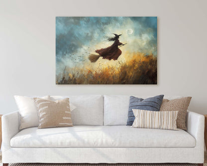 Flying Witch, Witch on Broomstick, Whimsical Decor, Full Moon,Halloween Art, Fall Harvest, Cloudy