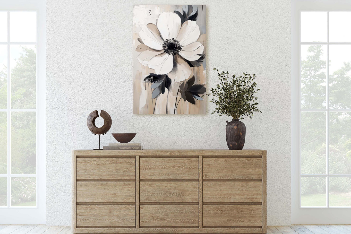 Modern Flower, Contemporary Art, Flower Painting, Black White Beige