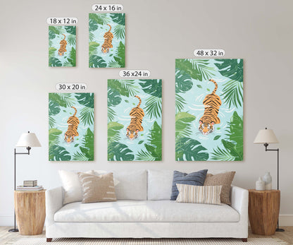 Tiger Swimming, Tropical Wall Art, Framed Canvas, Big Cat Art, Jungle Decor, Rainforest Art