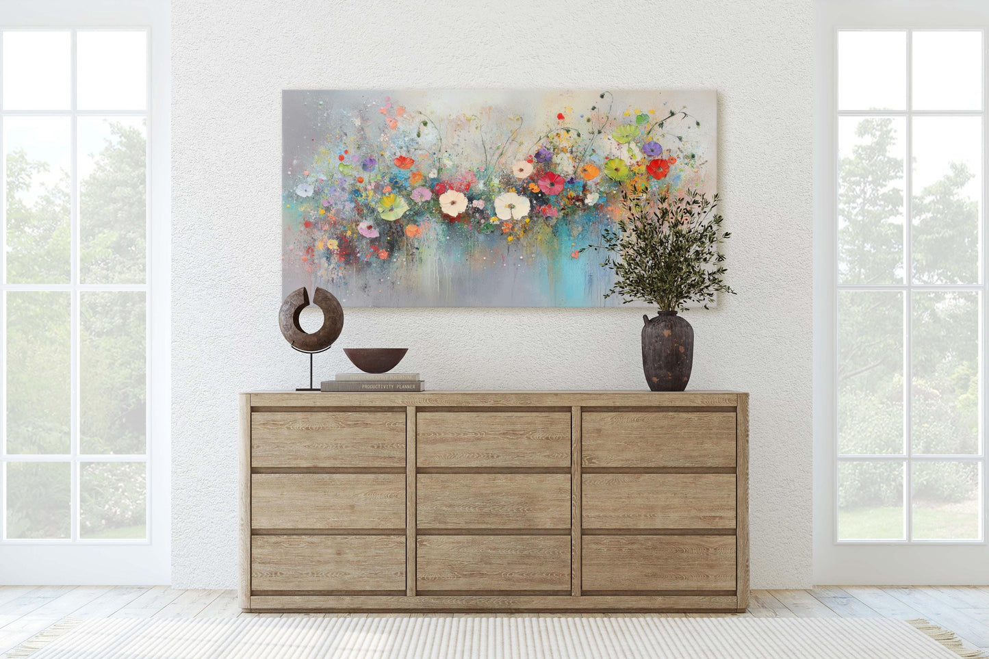 Wildflowers in Rain, Flowers in Rain, Abstract Wall Art, Framed Canvas, Watercolor flowers,  Floral Print, Classic, Rustic Farmhouse