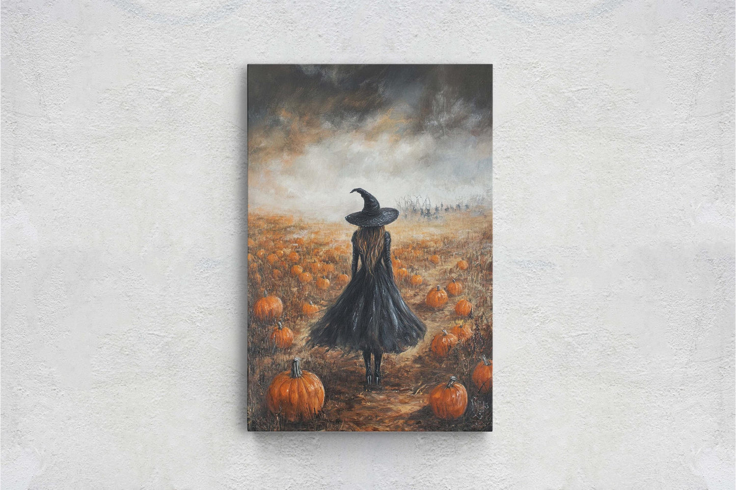 Witch Pumpkin Patch, Black Witch, Pumpkin Field, Halloween Decor, Gothic Art, Artistic, Lone Witch