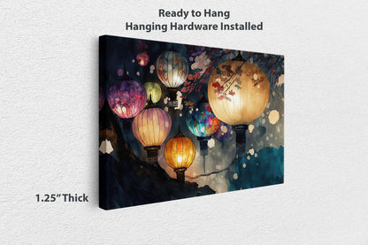 Paper Lantern Festival Canvas Art Ready To Hang Large Print, Night Sky, Watercolor, Chinese, Japanese
