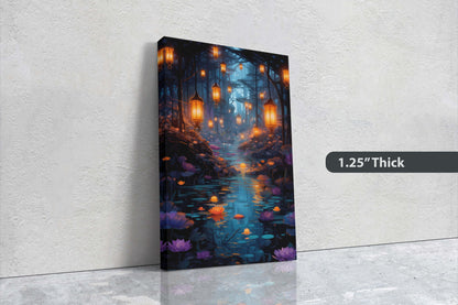 Enchanted Stream, Lamps Night Art, Lantern Forest, Vertical Canvas, Fantasy Decor, Office Art, River Art, Lily Stream, Floating Flower