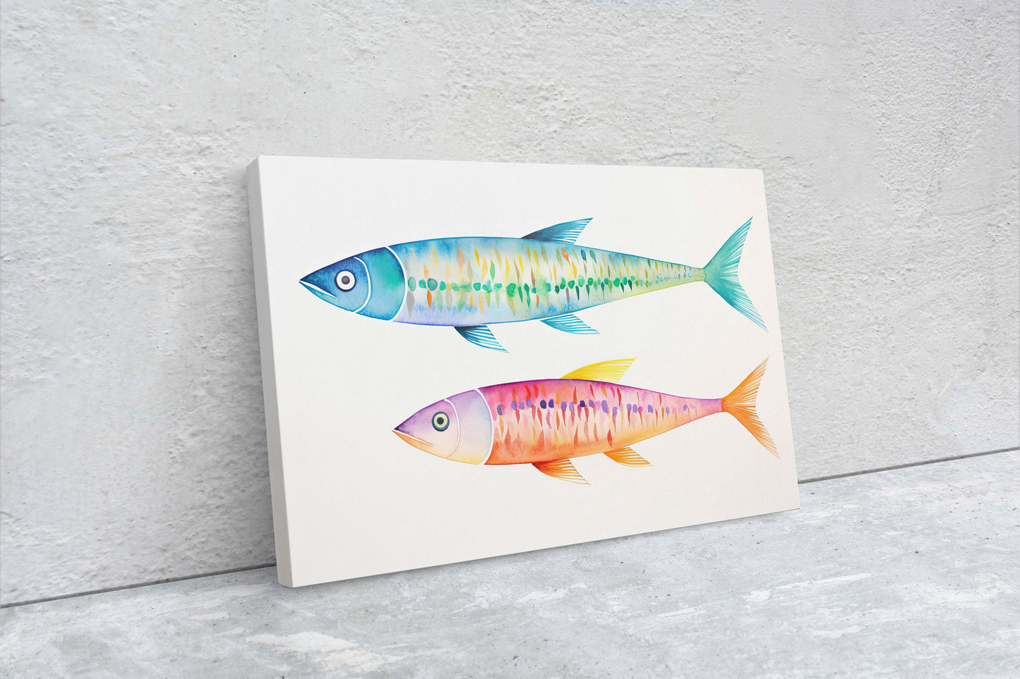 Watercolor Sardine, Fish Painting, Vibrant Color, Kitchen Print, Dining Room, Clean Minimal, Abstract, Framed Canvas