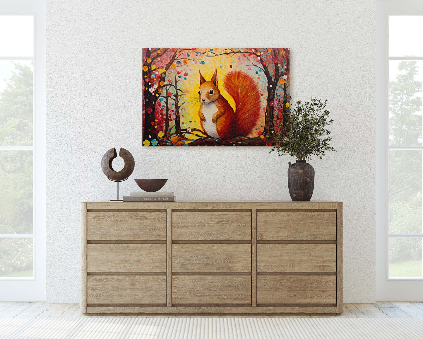 Colorful Squirrel, Woodland Animal, Canvas Framed, Large Art print, Bright Vivid Decor, Cute and Fun, Red Squirrel