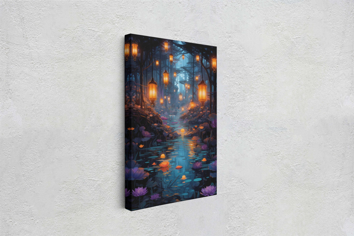Enchanted Stream, Lamps Night Art, Lantern Forest, Vertical Canvas, Fantasy Decor, Office Art, River Art, Lily Stream, Floating Flower