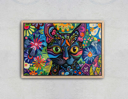 Whimsical Cat Art, Geometric Colorful, Abstract Cat, Pop Art, Large Art Print, Framed Canvas, Black Cat, Cat Lover, Animal Art