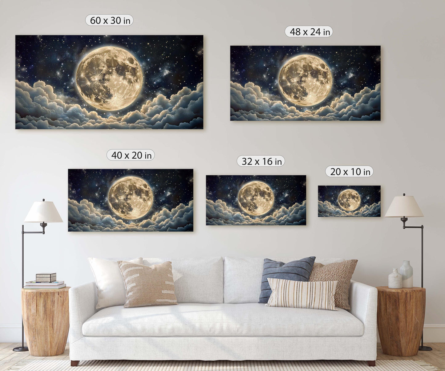 Cloudy Moon Sky, Moon Painting, Moon and Stars, Full Moon