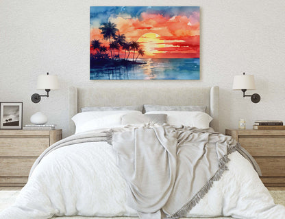 Beach Sunset on Canvas, Tree silhouette, Sunrise Beach, Watercolor, Framed Canvas, Red Orange, Blue
