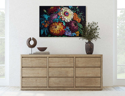 Colorful Flowers Canvas Art Ready To Hang Large Print, Oil Painting, Floral Bouquet