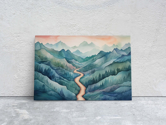 Green Mountains, Watercolor mountains, Hillside trail, Minimalist Landscape, Abstract Nature, Horizon, Forest Art, Framed Canvas, Woodland