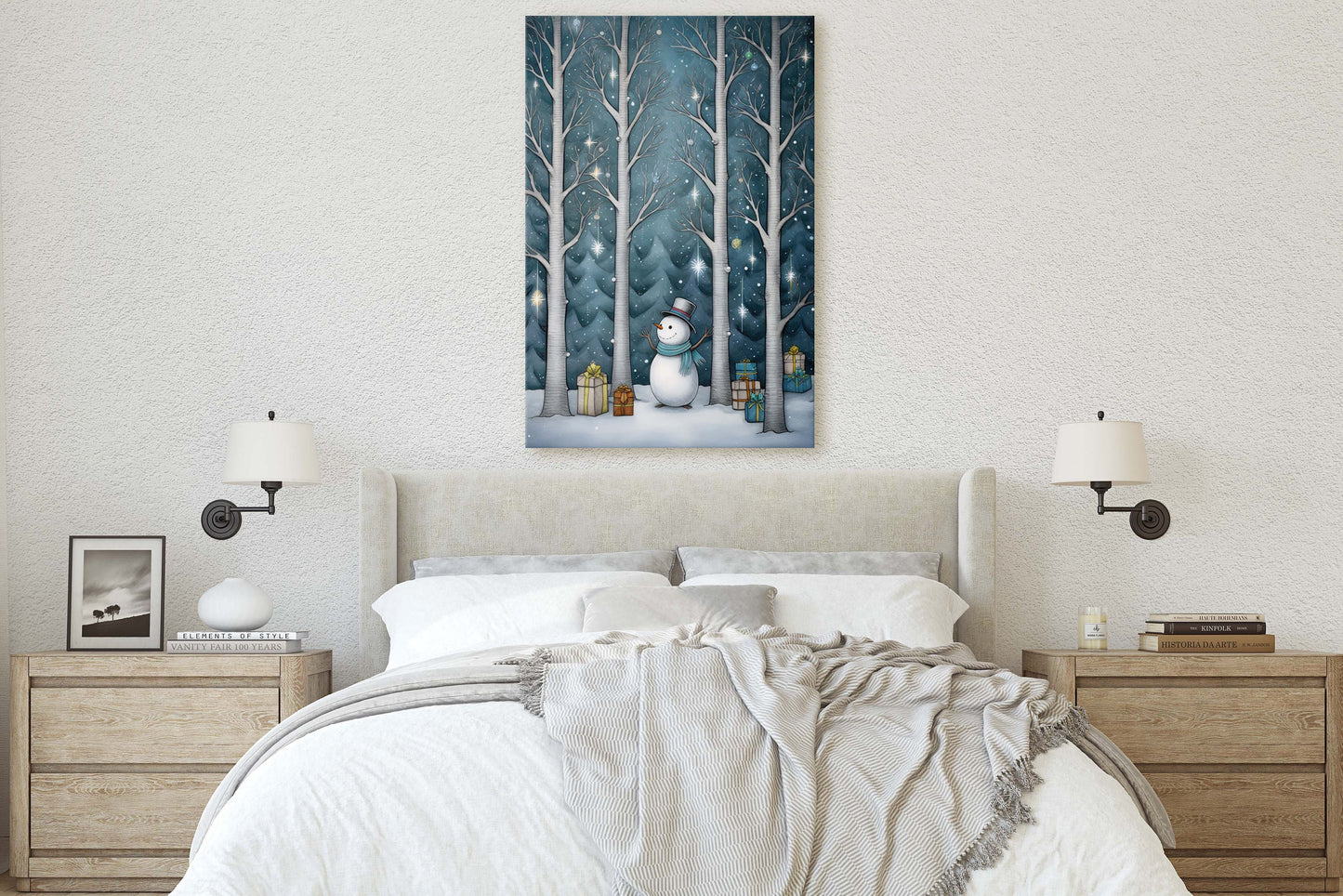 Snowman Presents Forest, Illustration Style, Snowy Forest, Snow Presents, Framed Canvas, Christmas Decor, Large Print, Winter Decor