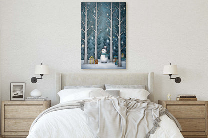 Snowman Presents Forest, Illustration Style, Snowy Forest, Snow Presents, Framed Canvas, Christmas Decor, Large Print, Winter Decor