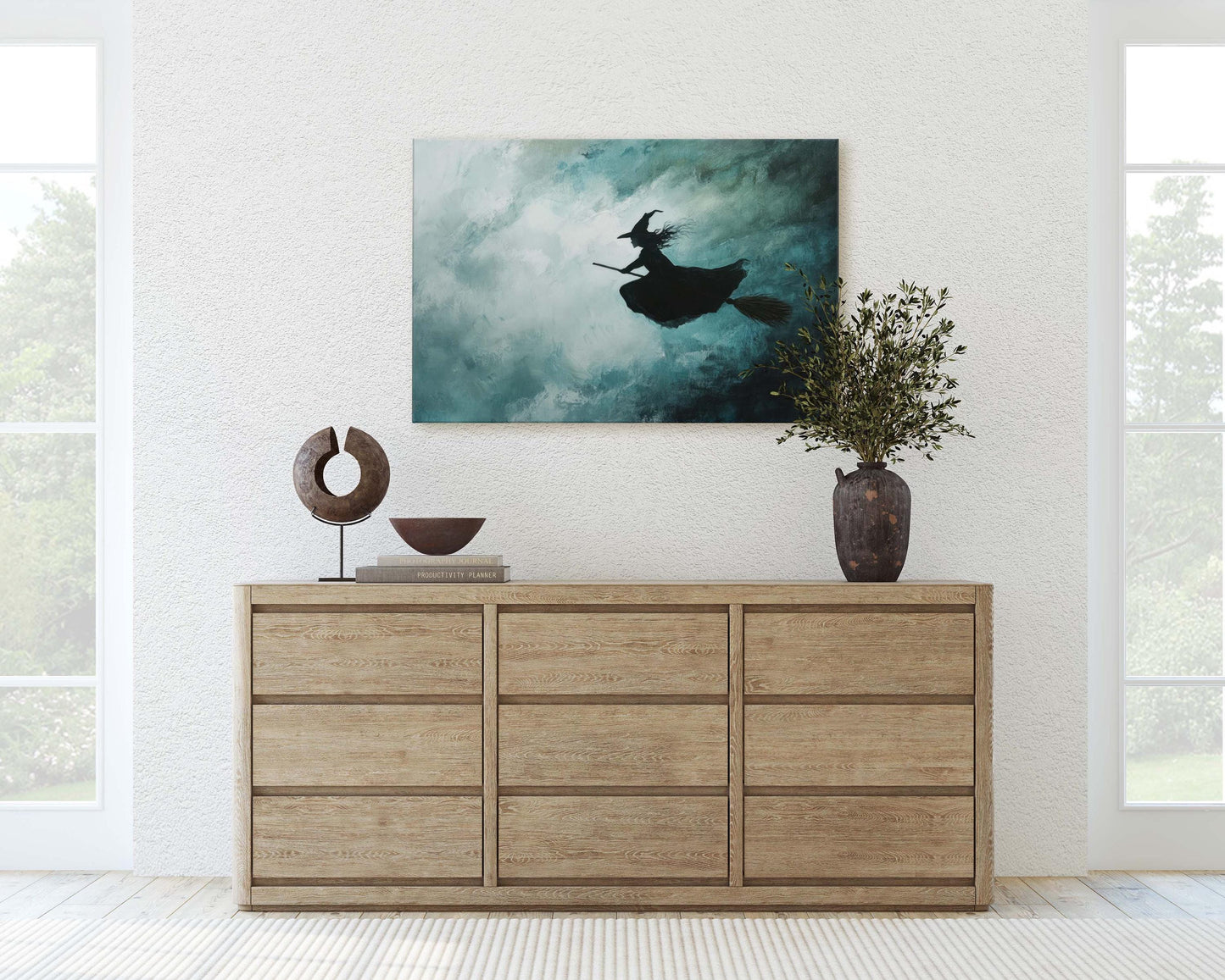Flying Witch, Witch on Broomstick, Whimsical Decor, Full Moon, Halloween Art, Cloudy, Fall Art