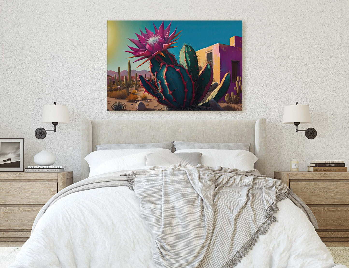 Blooming Cactus, Southwest Art,Ready To Hang, Large Print, Painting, Desert Landscape, Contemporary Art, Modern Art, Surreal Desert