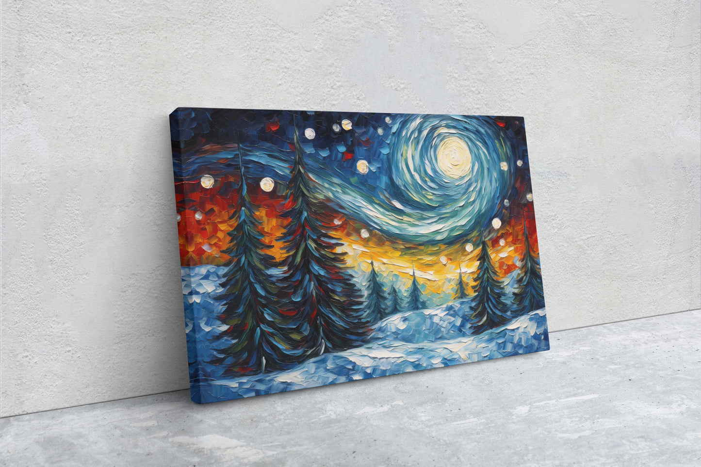 Winter Starry Night, Pine Trees Snow, Colorful Snow, Van Gogh, Framed Canvas, Night Sky, Star Sky