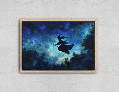 Flying Witch, Witch on Broomstick, Whimsical Decor, Halloween Art, Star Sky, Forest Night