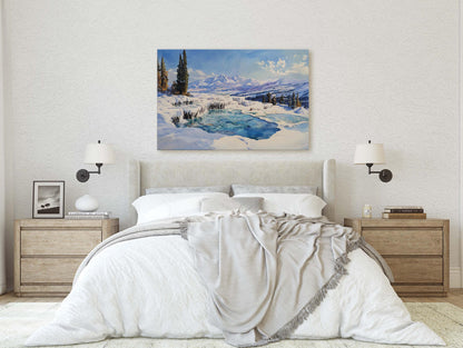 Snow Hot Springs, Winter painting, Scenic Art,  Winter Mountain Print