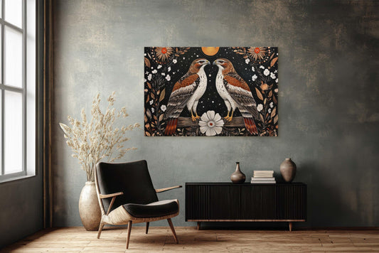 Red Tailed Hawk, Folk Art, Celestial Art, Cottagecore, Framed Canvas, Dark Print, Nature Print