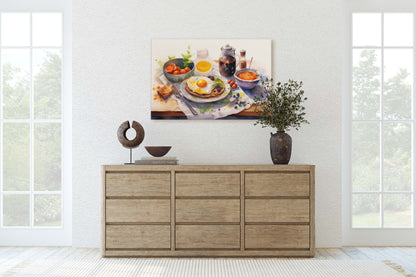 Breakfast Watercolor, Breakfast Painting, Food Art, Kitchen Art, Eggs Pancakes, Coffee, Framed Canvas, Colorful Food Art, Colorful Kitchen