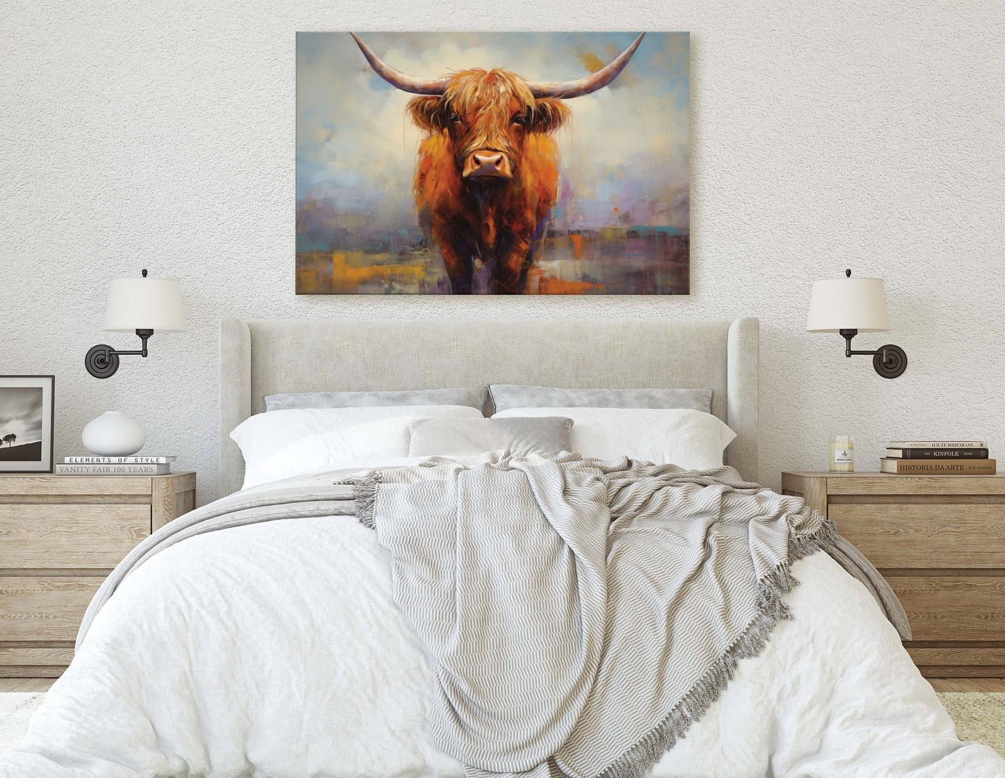 Highland Cow, Scottish Cow, Scotland Cattle, Long-haired cow, Rustic Farmhouse, Farm Animal, Barn Decor, Canvas Art Print, Painting