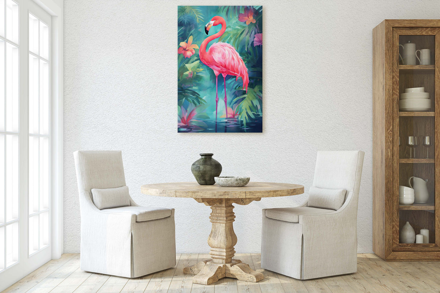 Flamingo on Canvas, Tropical Bird, Botanical Animal, Framed Canvas, Pink Green, Vertical Portrait, Exotic Bird