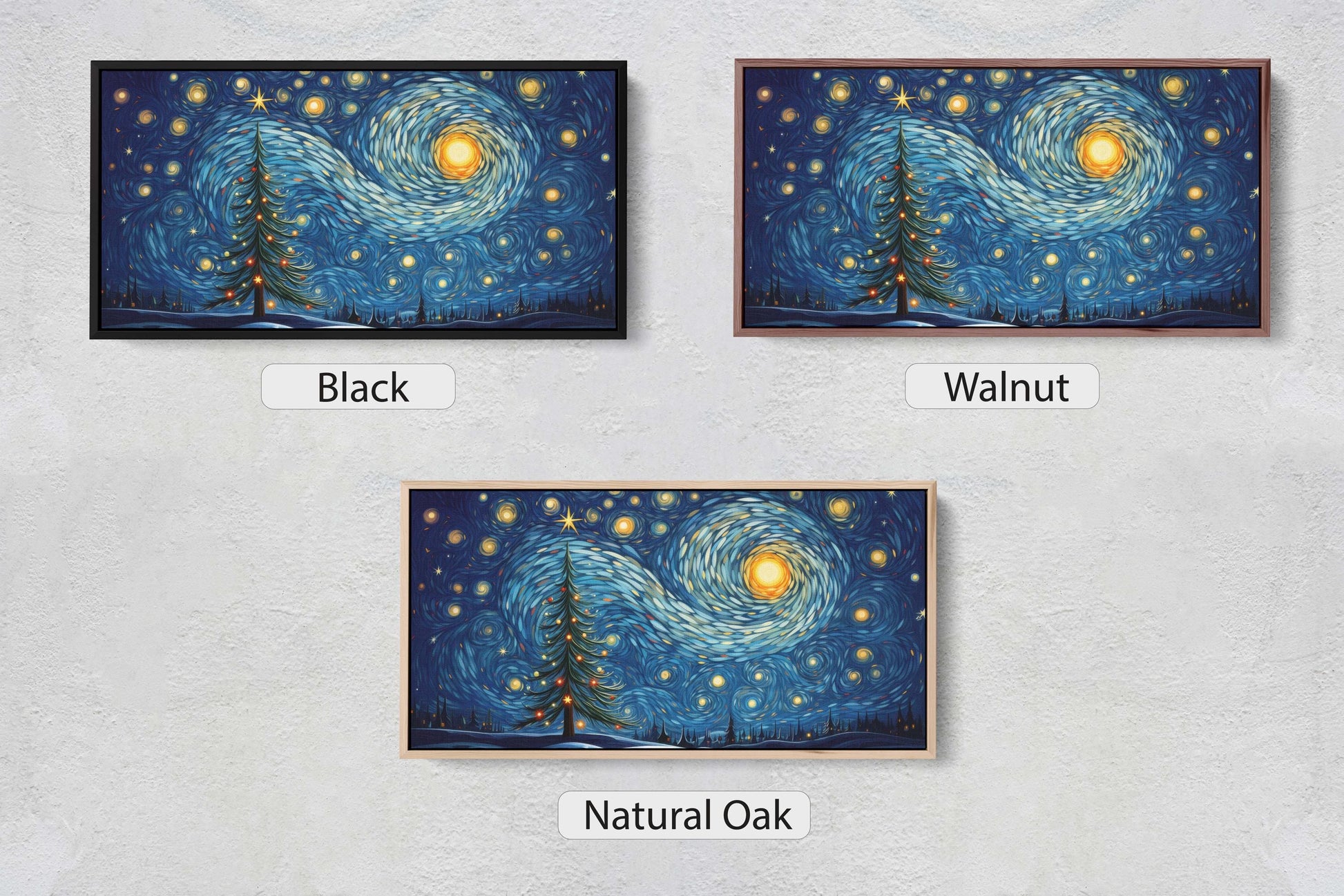 three paintings of a night sky with stars and trees