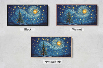 three paintings of a night sky with stars and trees