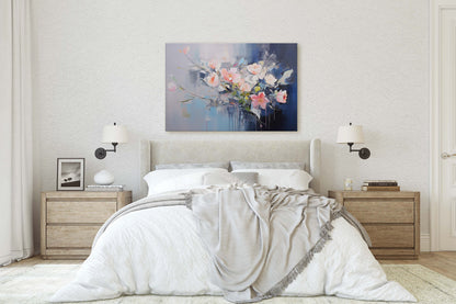 Abstract Floral Print, Flowers in Rain, Blue Canvas, Fine Art, Modern Artwork, Contemporary Print, Framed Canvas