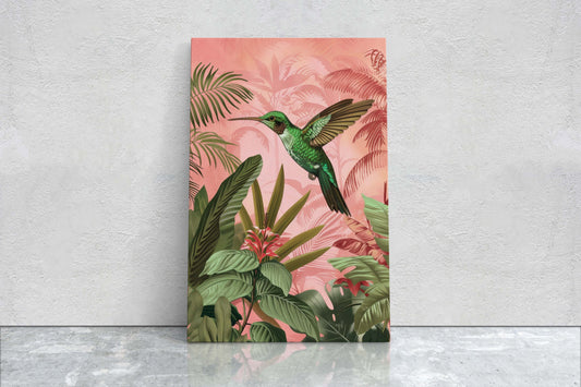 Hummingbird Painting, Pink Tropical, Botanical Jungle, Maximalist Decor, Framed Canvas, Extra Large Print, Exotic Bird, Vintage Bold