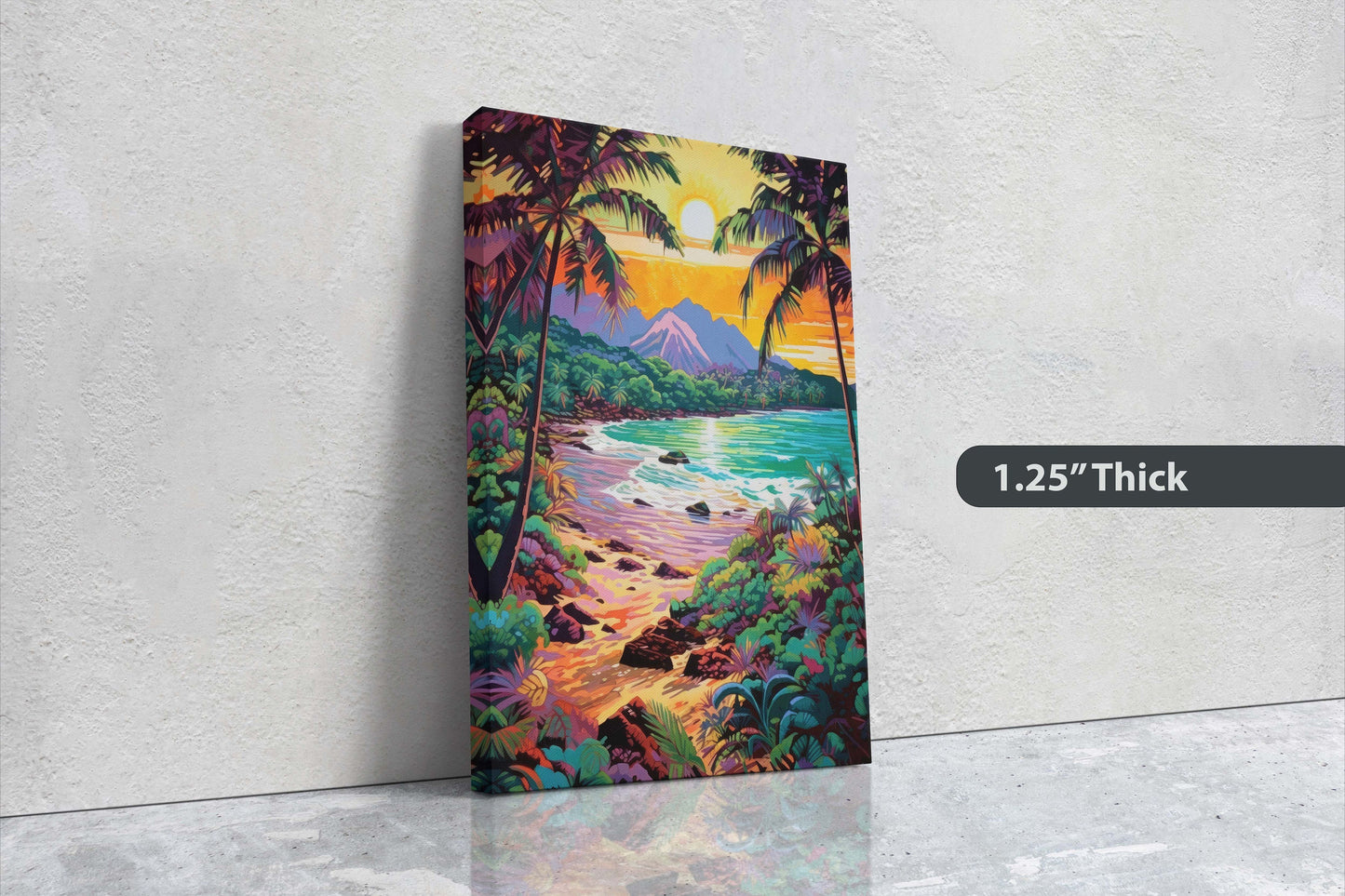Vibrant Coast on Canvas, Ancient Beach, Framed Canvas, Prehistoric Landscape, Coastline Illustration, Bold Color, Vertical Botanical