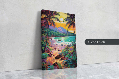 Vibrant Coast on Canvas, Ancient Beach, Framed Canvas, Prehistoric Landscape, Coastline Illustration, Bold Color, Vertical Botanical