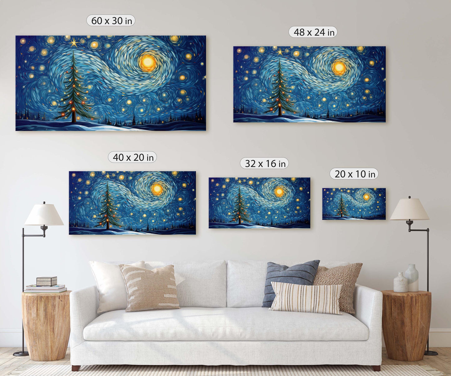 Starry Night Christmas, Christmas Tree, Pine Tree, Winter Decor, Festive Art, X-mas Print, Framed Canvas